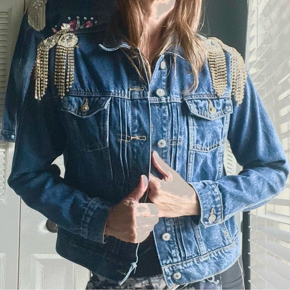 Custom Embellished Jacket with Rhinestone Epaulettes, Skull Design & Flowers - Picture 3 of 11